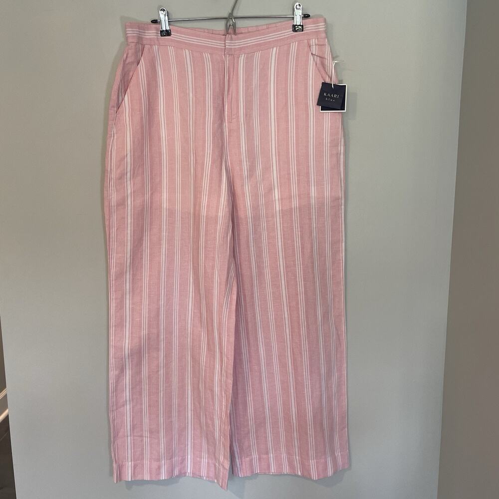 Kaari‎ Blue Womens Wide Leg Linen Pants Sz L Pink White Stripe Lined Lagenlook